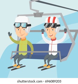 Happy skiers sitting on ski elevator with raised hands. Excited skiers using a cableway at winter ski resort. Winter sport and leisure activity concept. Vector flat design illustration. Square layout.