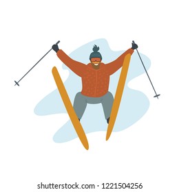 happy skiing man jumping high at ski resort isolated cartoon vector illustration graphic