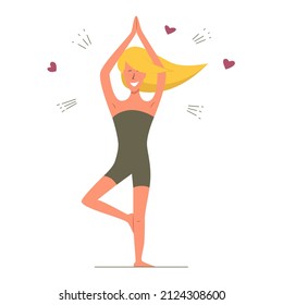 Happy skinny woman in yoga tree position. Body positive white-skinned girl stands on one leg. Female in harmony with herself. Vector illustration