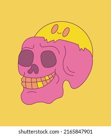 Happy skull with a happy brain, adorable illustration, cute face, editable stroke and colors, scalable vector graphic.