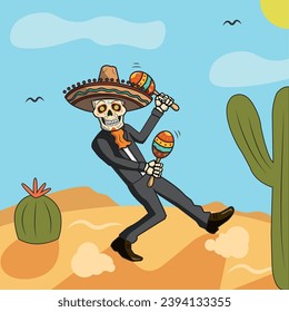 Happy skull character playing maracas Cinco de mayo Vector illustration