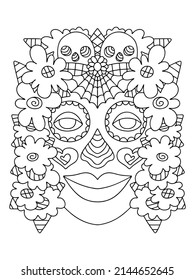 Happy skull make up hand-drawn linear print vector illustration