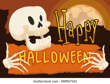 Happy skull with a orange scroll with greeting message for Halloween in a mysterious night with full moon.
