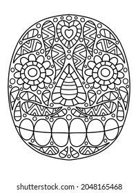 Happy skull with ornament coloring page for Day of the Dead vector illustration. Hand-drawn floral skull linear illustration isolated on white vector
