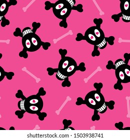 happy skulls faces and bones on deep pink background. Vector seamless pattern.