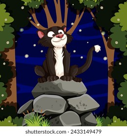 Happy skunk sitting on rocks among trees at night.