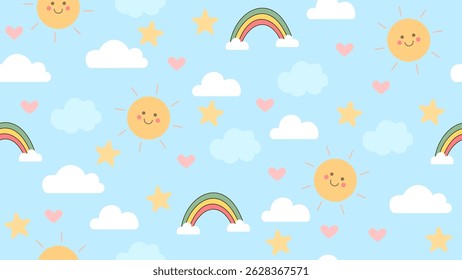 Happy Sky Pattern with Suns, Rainbows, and Hearts. Cute seamless sky pattern with smiling suns, clouds, rainbows, hearts, and stars on a blue background for kids and baby themes.