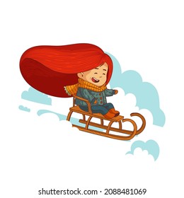 Happy sledding child. Vector illustration of joyful girl dashing trough the snow in sledge. Enthusiastic frolic toddler. Winter fun. Happy child character, lovely kid