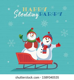 Happy sledding party invitation vector template. Cheerful snowman in sled cute cartoon. Winter park outdoor sledging activity, family fun background. Snow snowman tubing party celebration illustration