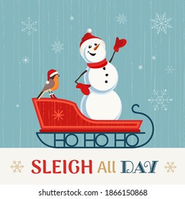 Happy sledding party invitation vector template. Cheerful snowman in sled cute cartoon. Winter park outdoor sledging activity, family fun background. Snow snowman tubing party celebration illustration