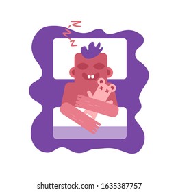 Happy sleeping boy lying in bed. Vector illustration. Flat design element for leaflet, poster, banner.