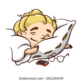 Happy sleeping cartoon girl with pillow and blanket. Vector isolated illustration.