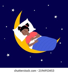 Happy sleeping girl on the moon in flat design. Cute black child have a sweet dream.