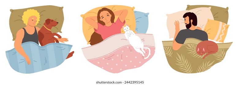 Personajes de dibujos animados de hombre y mujer dormilón feliz descansando con animales domésticos en la cama ilustración vectorial. Jóvenes tranquilos que se relajan con las mascotas encantadoras en la noche