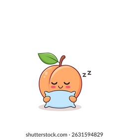 Feliz pêssego sonolento com folha em cima, abraçando um travesseiro apertado com um rosto tranquilo. Uma doce ilustração de desenho animado perfeito para designs com tema de dormir e decoração infantil