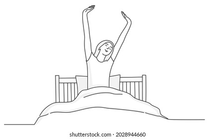 Happy sleepy young woman sipping hands. Wake up, new day, bedroom, comfort concept. Hand drawn vector illustration. Black and white.