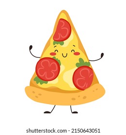 Happy slice of pizza with tomatoes and cheese. Fast food character. Food vector illustration.