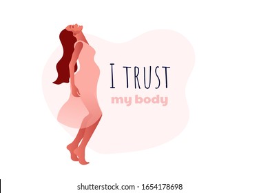 Happy slim fitted pregnant woman dances. I trust my body quote. Active well fitted pregnant female character. Happy pregnancy. Flat cartoon vector illustration