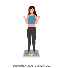 Happy slim girl on weight scale in flat design on white background.