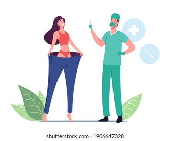 Happy Slim Woman Wearing Oversize Pants, Surgeon Doctor Male Character Holding Scalpel. Bariatric Stomach Reducation, Liposuction, Weight Loss or Slimming Concept. Cartoon People Vector Illustration