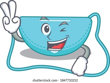 Happy sling bag cartoon design concept show two fingers