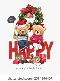 happy slogan with bear doll couple and chirstmas wreath vector illustration