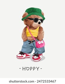 happy slogan with cute girly bear doll in colorful street fashion style vector illustration