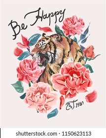 slogan feliz com tigre e flores ilustração