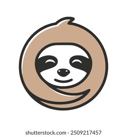 Happy sloth face in circle design. Adorable cartoon sloth with a smiling face, curled up in a circle. This image conveys happiness, relaxation, and the joy of simple things.