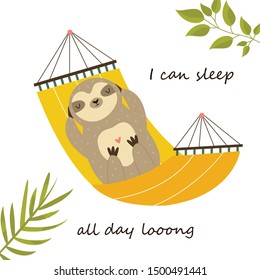 Happy sloth having a nap in a hammock, Funny sayings, Animal cute character