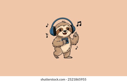 Perezoso feliz escuchando música con auriculares y un reproductor de música.