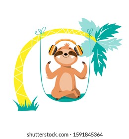 Happy sloth on a swing in the lotus position on a white background. Summer concept