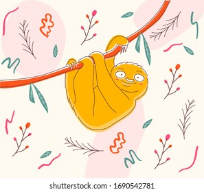 Happy sloth on a tree trunk and cute elements around (flowers, brushes, plants, leaves). Cartoon. Lazy animal. Illustration for birthday card, 
nursery, poster, book, sticker, board, etc. Flat design.