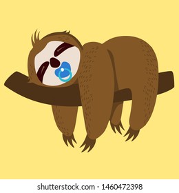 happy sloth  with pacifier. Card with cute sloth in cartoon style