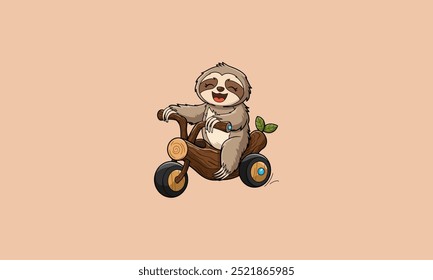 Happy sloth riding a wooden tricycle with a big smile.