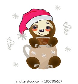 
Happy sloth smiles cutely and holds in its paws a large, light mug with coffee.
Vector isolated concept illustration for postcards, web, flyers.