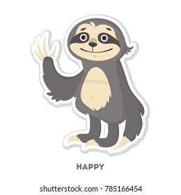 Happy sloth sticker. Isolated funny cartoon character.