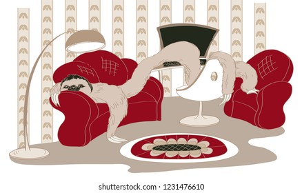 Happy sloth stretched out on the couch, on the table and on the chair