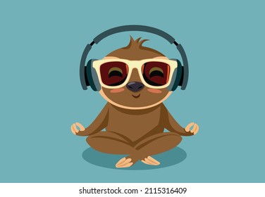 
Happy Sloth Wearing Sunglasses and Headphones Vector Cartoon Illustration. Relaxed animal mascot listening to music or a podcast in summertime
