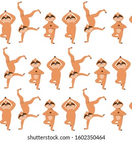 Happy sloths in yoga pose on a white background seamless pattern