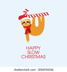 Happy slow Christmas poster with cute sloth vector. Christmas sloth hanging on a candy cane icon vector. Funny Christmas card