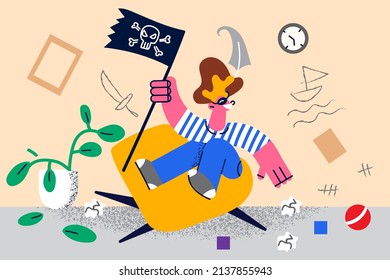 Happy small boy child in pirate costume have fun play alone in dirty room. Smiling naughty playful kid enjoy active game at home. Childhood and parenting concept. Vector illustration. 