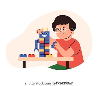 Happy small boy child play with lego construction blocks. Cartoon kid have fun build robot toy with bricks. Children education and leisure time. Hobby and entertainment. Vector illustration