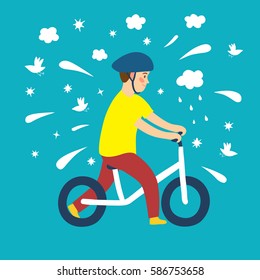 Happy small boy learning to ride a bicycle. Including decorative elements such as clouds, stars, splash, birds. Childish illustration for your design.