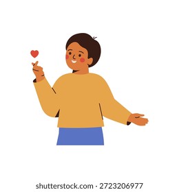 El muchacho Pequeño feliz hace la forma del corazón por los dedos. Niño coreano muestra gesto de mano de amor y respeto, amabilidad, relación y símbolo de amistad. Ilustración vectorial