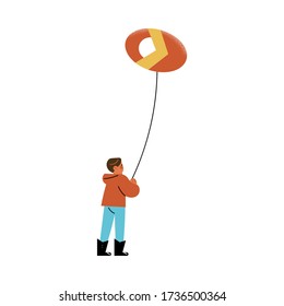 Happy small boy standing and flying kite outdoors vector illustration