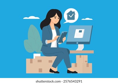 Happy small business owner receives an online order on her computer. E-commerce, entrepreneurship, and online retail concept. Parcel ready.