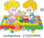 Happy small children friendly smiling, romping and playing with their colorful toys in a sandbox on a playground in a summer park, vector cartoon illustration
