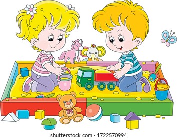 Happy small children friendly smiling, romping and playing with their colorful toys in a sandbox on a playground in a summer park, vector cartoon illustration