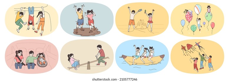 Happy small children have fun playing outdoors enjoy joyful childhood times. Smiling overjoyed little kids relax rest outside, feel playful naughty. Vacation and holiday. Vector illustration, set. 